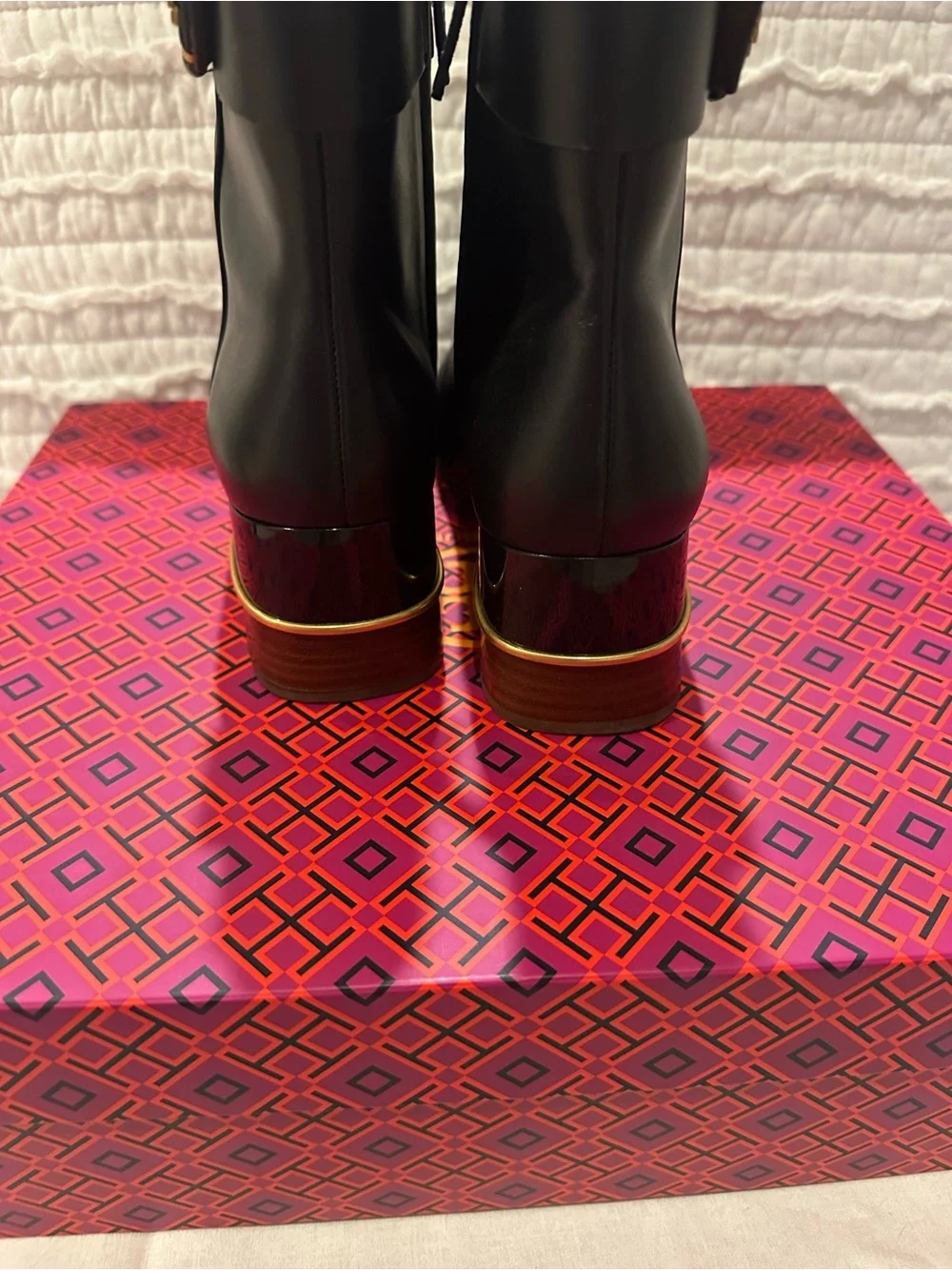 Tory Burch Multi Logo Heel Ankle Boot Goat Leather Black Size 7